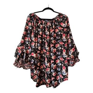 Chaps Ralph Lauren Floral Blouse Top Women's Plus 1X Bell Sleeve Boho Cottage